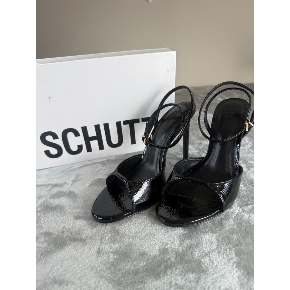 Schutz Arlette Black Patent Leather Ankle Strap Stiletto Heels Sandals 7.5B
